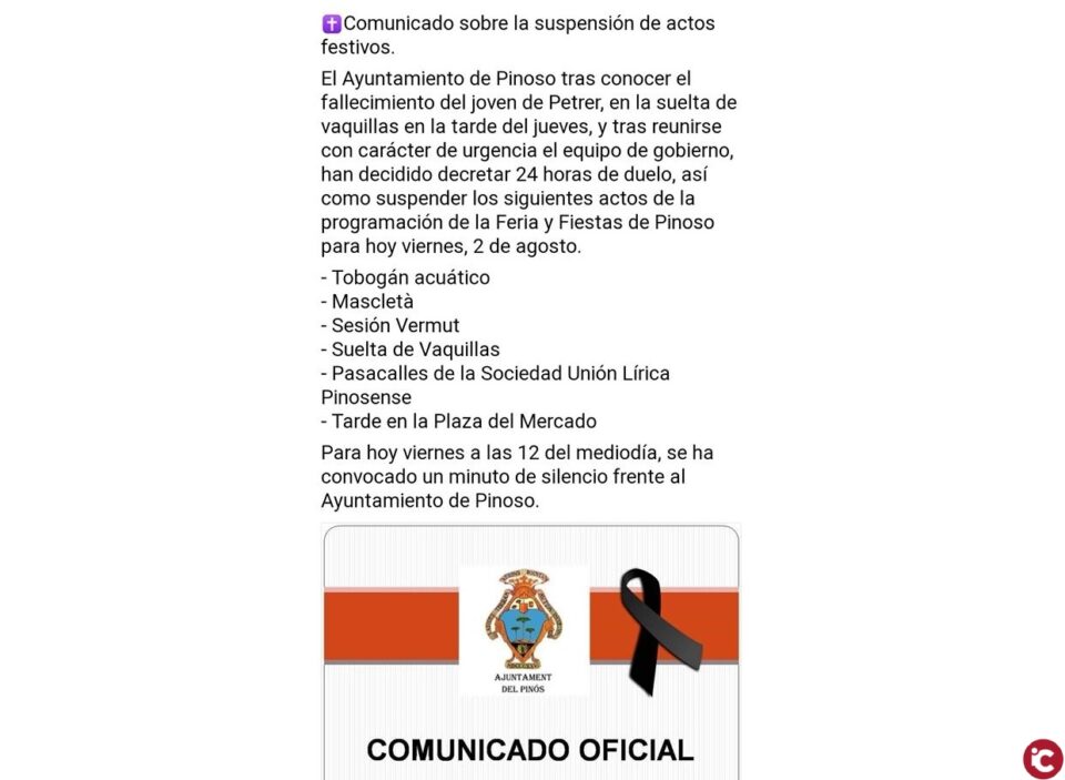 Muere un joven de Petrer por una cornada de una vaquilla en las fiestas de Pinoso