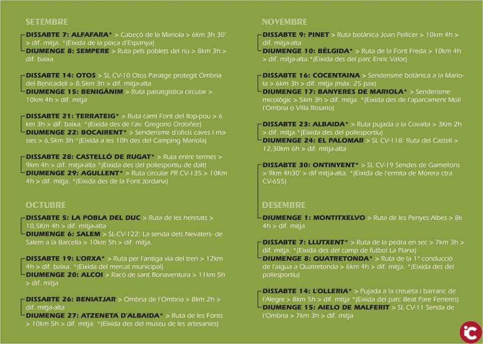 El programa Senderisme entre muntanyes 2019 de les Mancomunitats de lAlcoià i el Comtat i la Vall dAlbaida comencen aquest cap de setmana