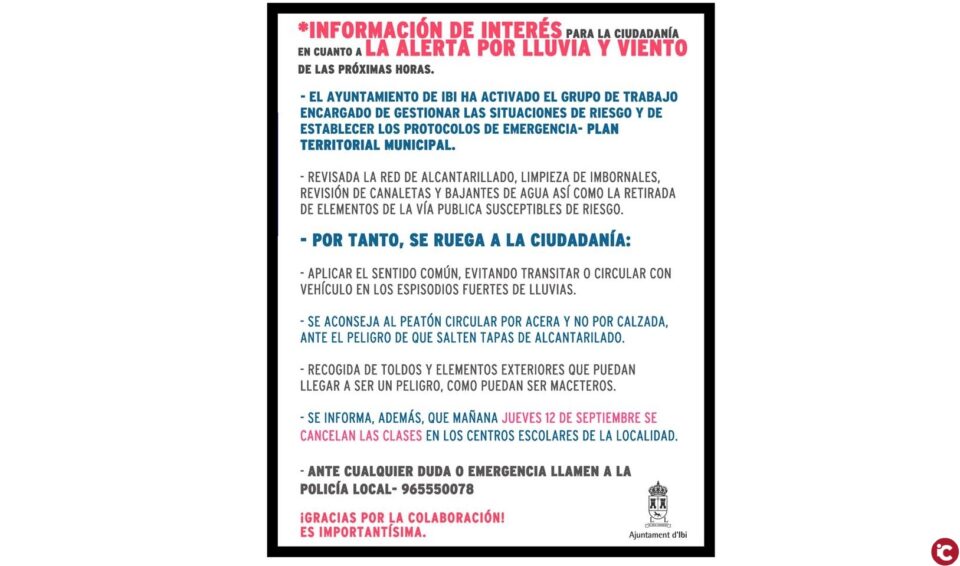 El Ayuntamiento de Ibi alerta sobre el riesgo meteorológico de las próximas horas