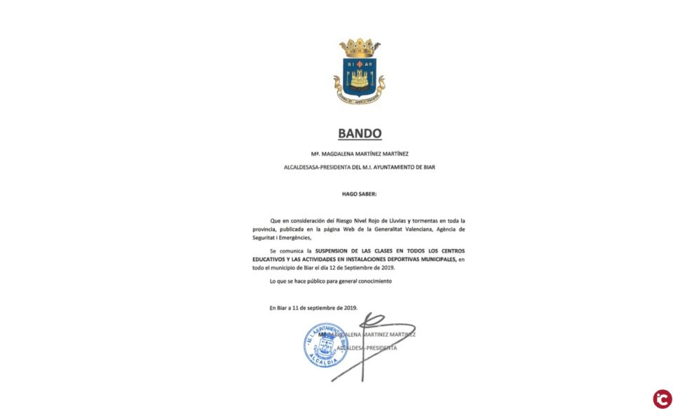 Suspensión de las clases en todos los centros educativos y las actividades en instalaciones deportivas municipales para mañana jueves