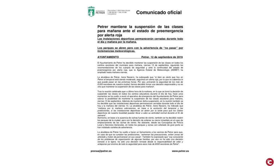 Petrer mantiene la suspensión de las clases para mañana ante el estado de preemergencia por alerta roja