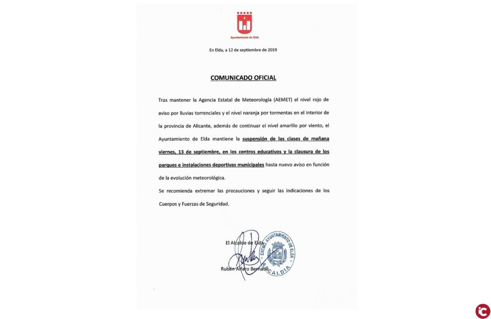 El Ayuntamiento de Elda mantiene la suspensión de las clases para mañana viernes al continuar el nivel rojo de aviso por lluvias