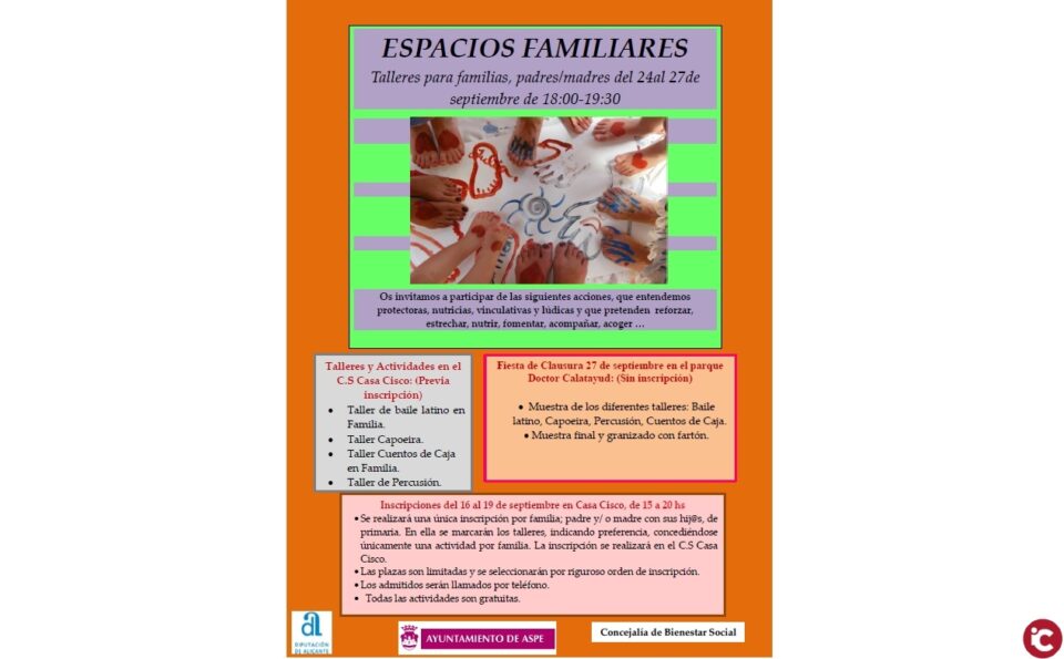 Del 24 al 27 de septiembre vuelven los talleres de Espacios Familiares