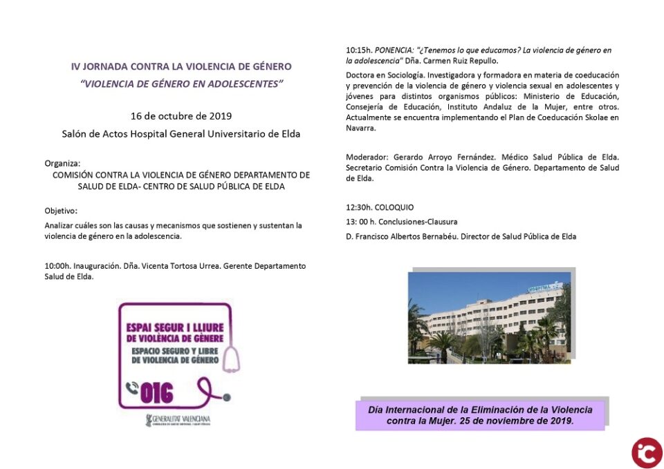 El Hosipital General Universitario de Elda celebrará este 16 de octubre la IV Jornada contra la violencia de género