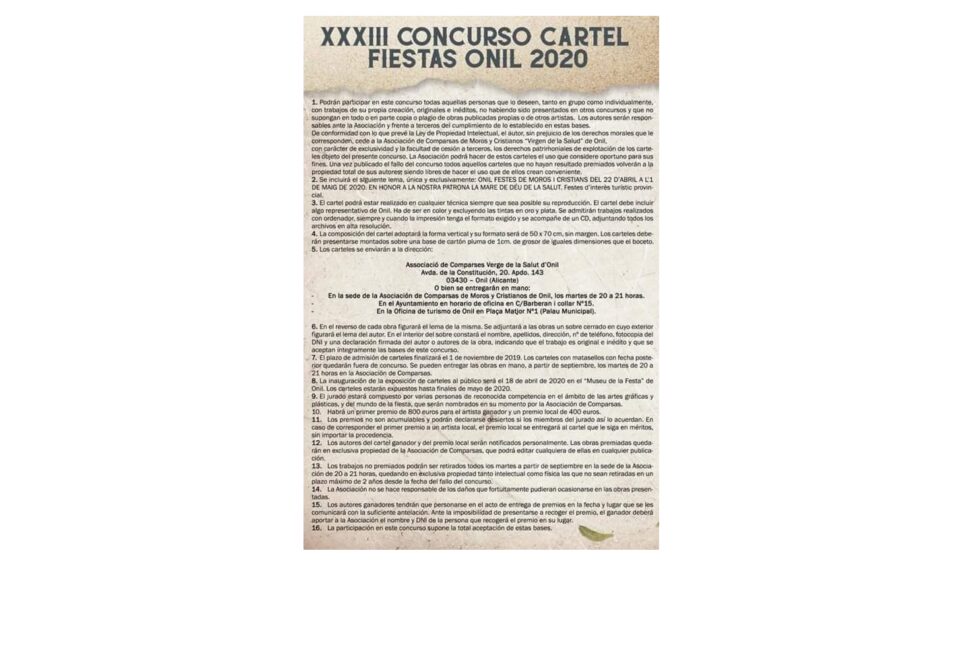 Canvi en el Concurs del Cartell de les Festes de Moros i Cristians d'Onil 2020