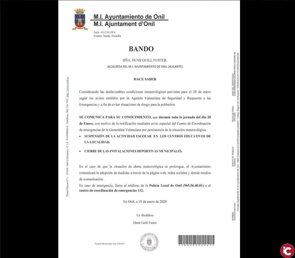 Se suspenden las clases en los centros educativos y se cierran las instalaciones deportivas municipales para mañana lunes
