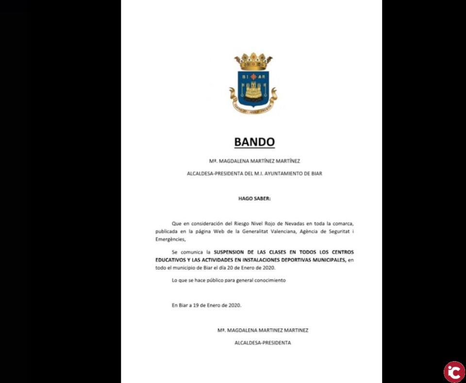 Para mañana lunes se suspenden las clases en todos los centros educativos