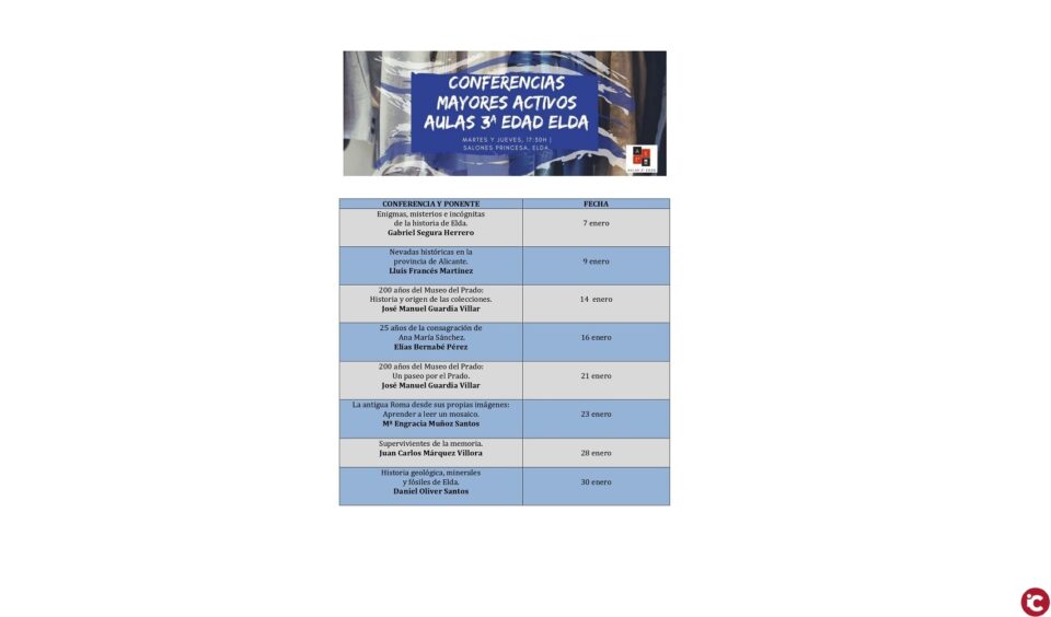 Programa de conferencias de Aulas de la 3ª Edad en enero de 2020