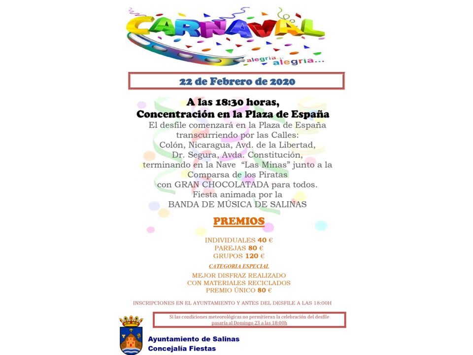 Los actos para las festividades de Carnaval están fijados para el próximo sábado 22 de febrero de 2020