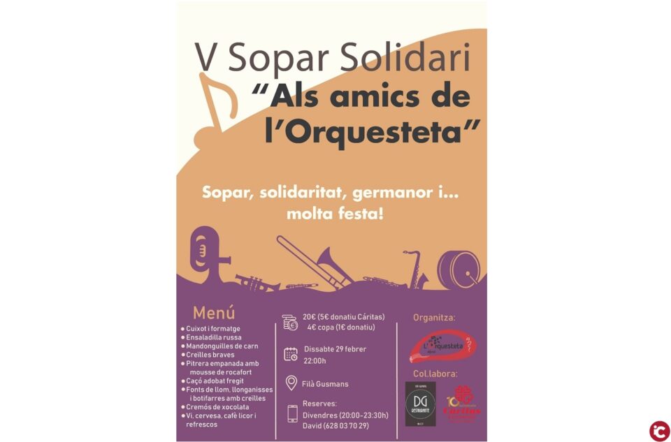 Un any més tenim en marxa el V sopar solidari organitzat per l'Agrupació Musical d'Alcoi "L'orquesteta" on posarem la nostra música per amenitzar el sopar i la vetlada