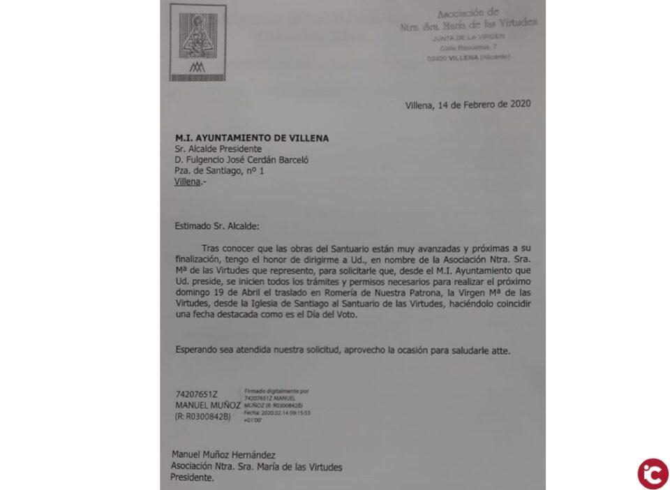 Petición de la Junta de la Virgen para el traslado de Romería de la Sagrada Imagen de Ntra. Sra. María de las Virtudes al Santuario el próximo domingo 19 de Abril