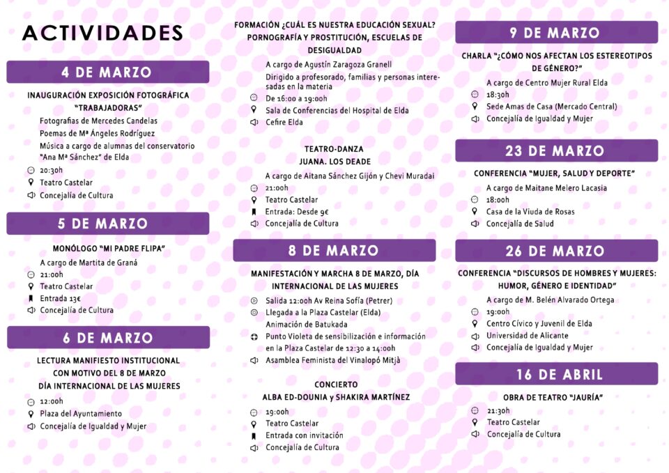 El Ayuntamiento de Elda ofrece un amplio programa de actividades para celebrar el Día Internacional de las Mujeres