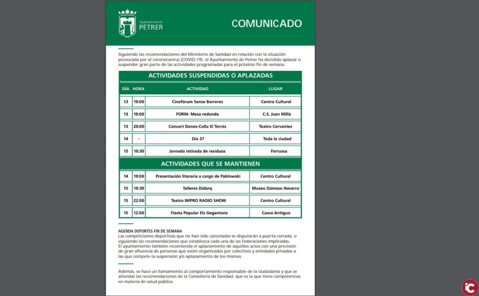 El Ayuntamiento de Petrer ha decidido aplazar o suspender gran parte de las actividades programadas para el próximo fin de semana
