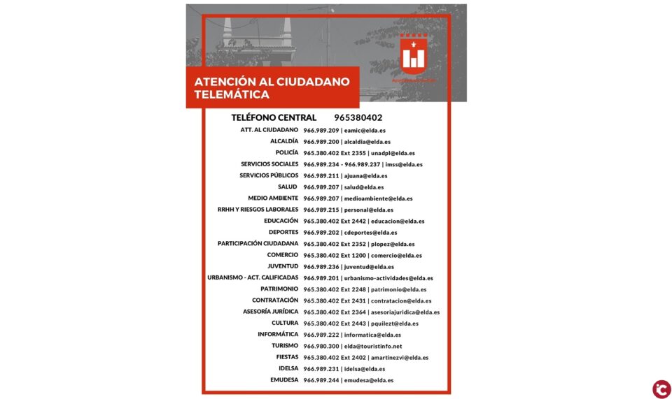 El Ayuntamiento de Elda suspende los servicios presenciales de atención al público y los restringe a la atención telefónica y telemática