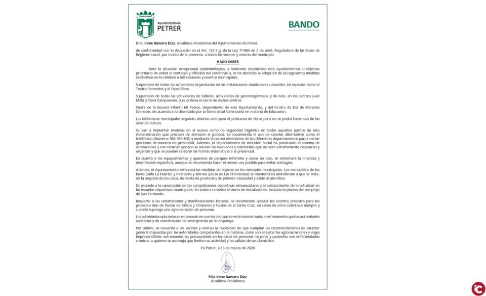 Petrer cierra al público instalaciones municipales deportivas y sociales y suspende talleres y actividades culturales hasta nuevo aviso