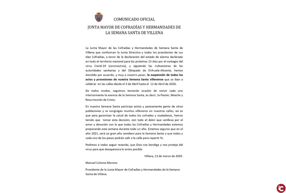 Queda suspendida la Semana Santa villenense