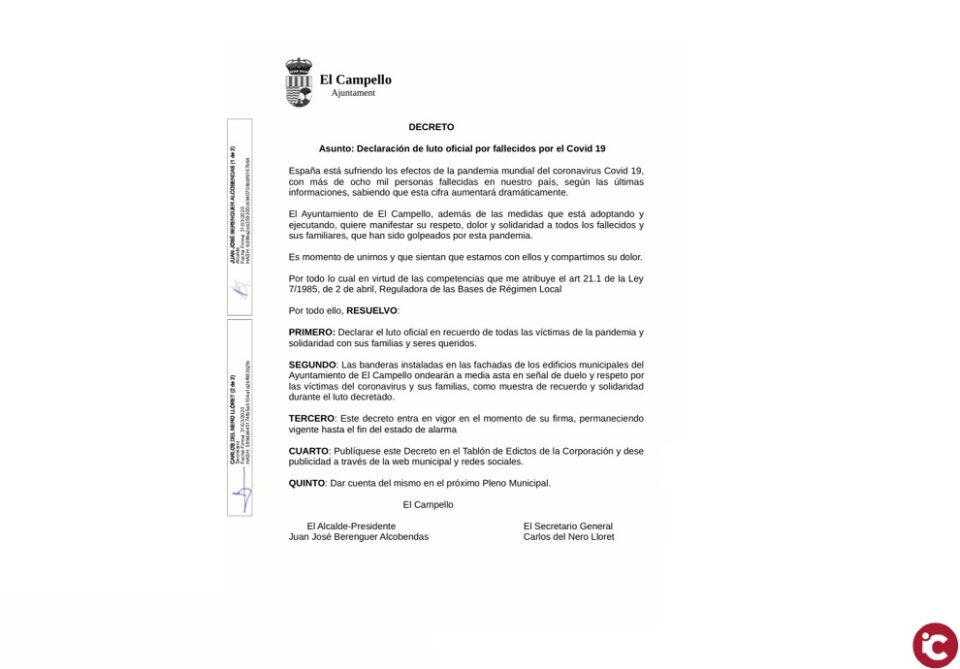 El Campello decreta luto oficial por las muertes de la pandemia de coronavirus