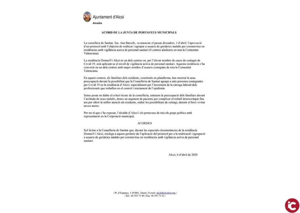 LAjuntament demana a la Conselleria de Sanitat que excloga a DomusVi Alcoi de laplicació del protocol per a la reubicació de malalts daltres geriàtrics