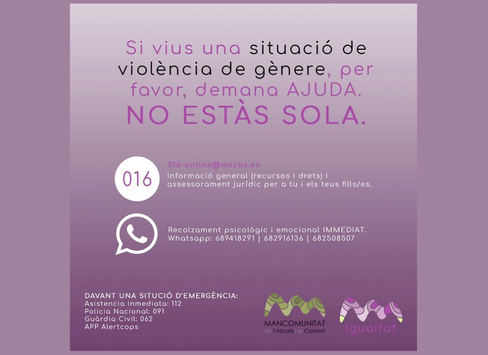 Els serveis dIgualtat i la Unitat de Prevenció de Conductes Addictives de la Mancomunitat de lAlcoià i el Comtat es posen a disposició de la ciutadania