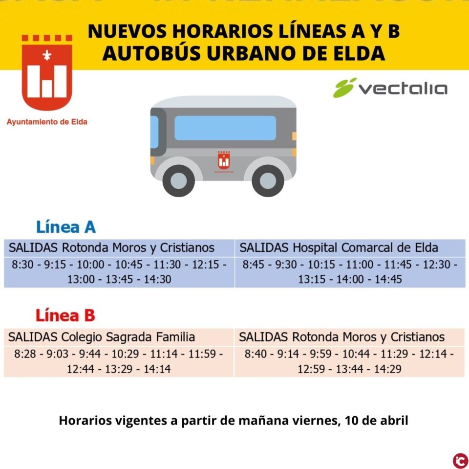 El Ayuntamiento de Elda y Vectalia mejoran a partir de mañana los horarios de las líneas A y B de transporte urbano