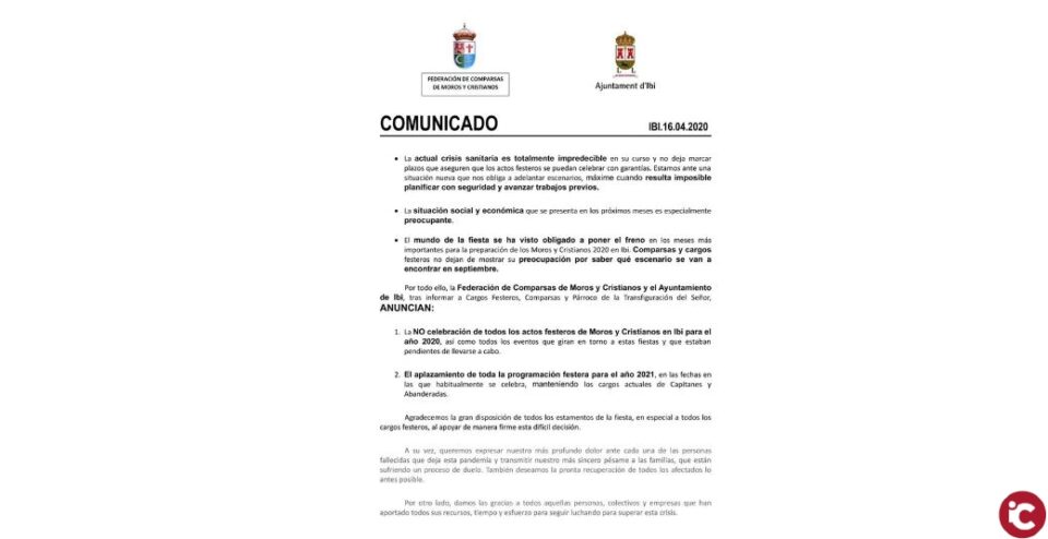 Se aplaza toda la programación festera al año 2021