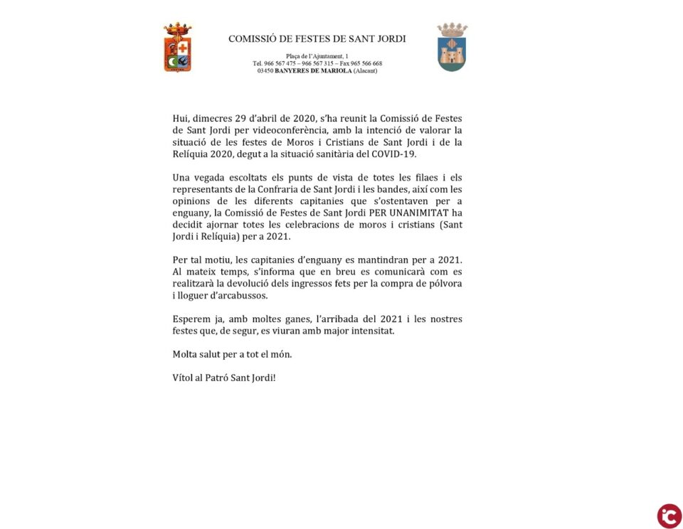 S'ajornen les Festes per a 2021