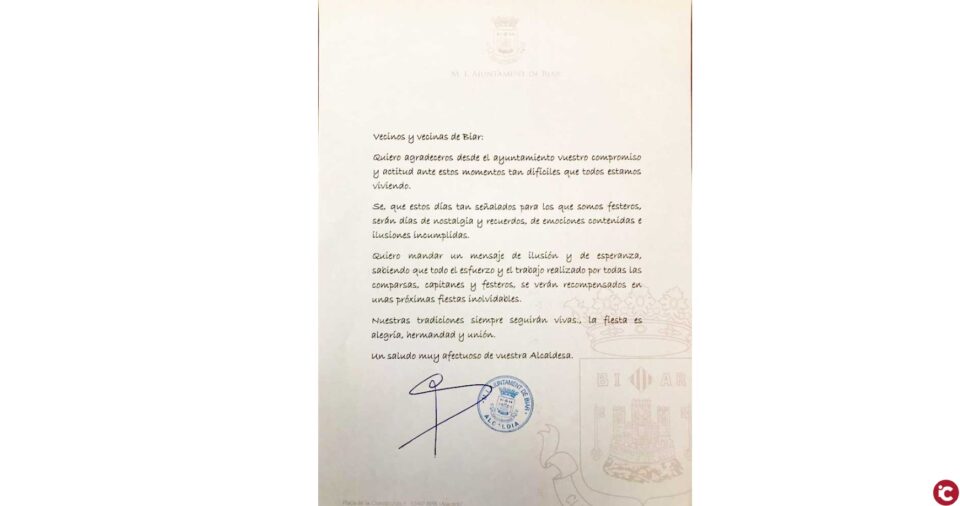 La alcaldesa de Biar escribe una emotiva carta de añoranza por los suspendidos Moros y Cristianos