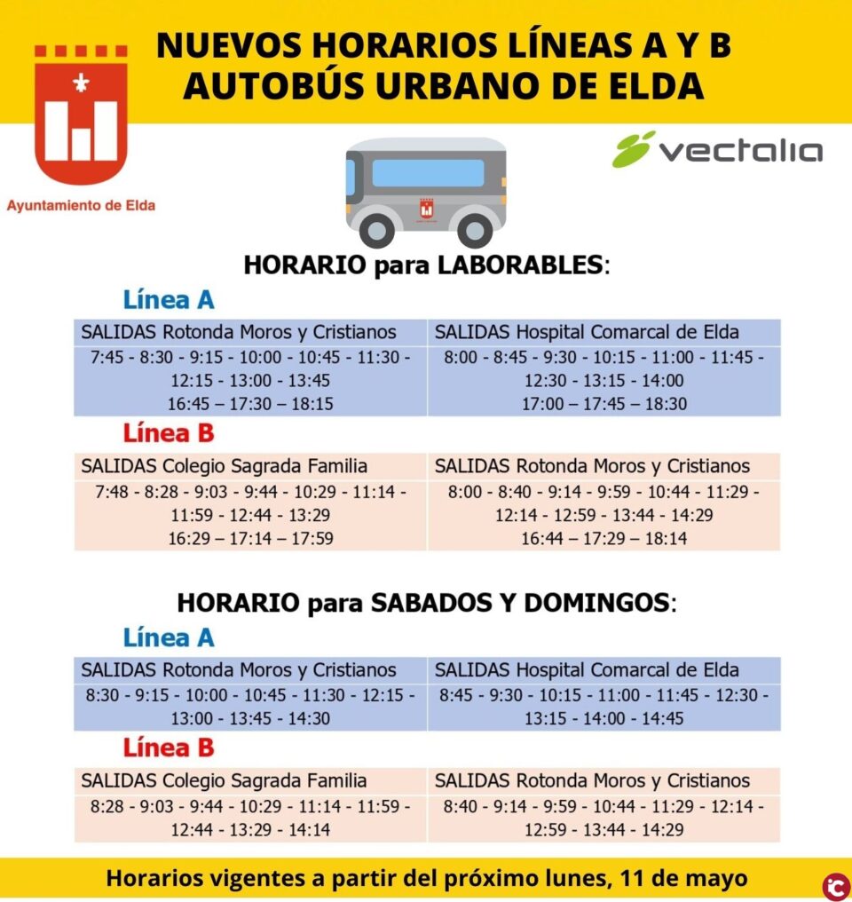 El Ayuntamiento de Elda y Vectalia amplía a partir del próximo lunes los horarios de las líneas A y B de transporte urbano