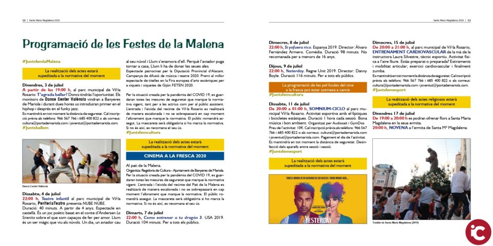 Programació Festes de la Malena 2020 organitzat per la Comissió de festes de La Malena