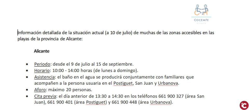 COCEMFE Alicante denuncia la demora en la apertura y falta de servicios de baño en bastantes zonas de playas para personas con discapacidad