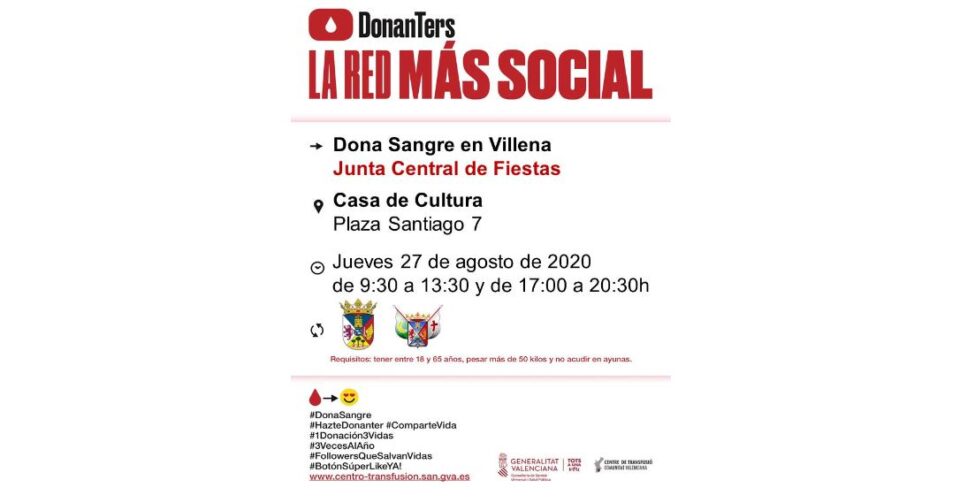 Donación de sangre organizada por la Junta Central de Fiestas de Villena el próximo 27 de agosto