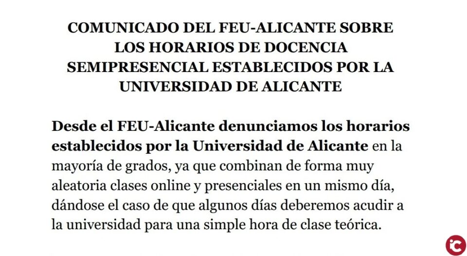 Comunicado del FEU-Alicante sobre los horarios de docencia semipresencial y recogida de firmas para la reorganización de éstos
