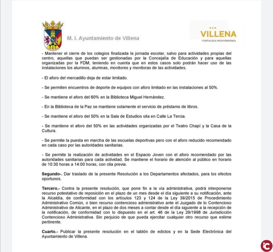 Villena adopta medidas menos restringidas ante la buena evolución de la pandemia