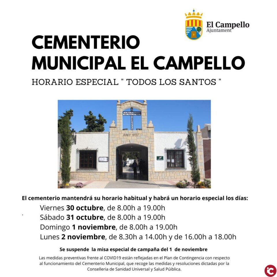 Horarios especiales para visitar el Cementerio Municipal de El Campello a partir de mañana