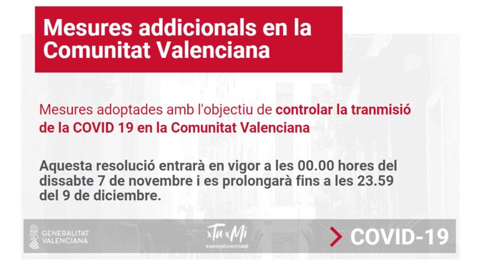 Noves mesures adoptades en la Comunitat Valenciana per a controlar la transmissió de la COVID19