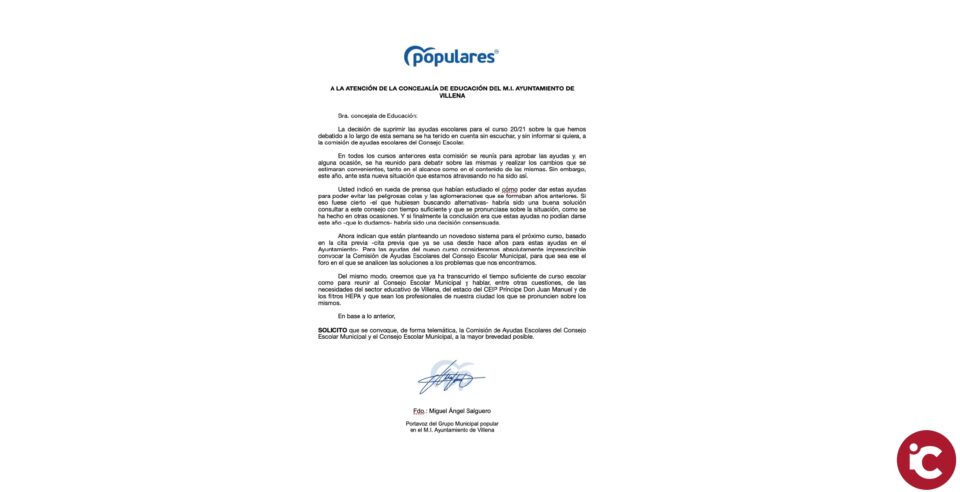 (PP Villena) Ante la eliminación de las ayudas escolares para este curso
