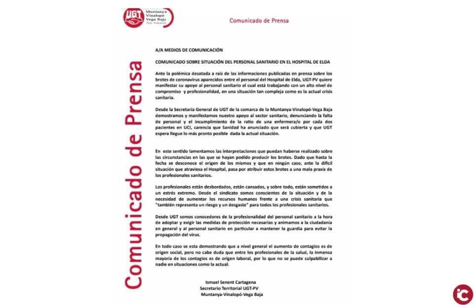 Comunicado sobre la situación del personal sanitario en el Hospital de Elda