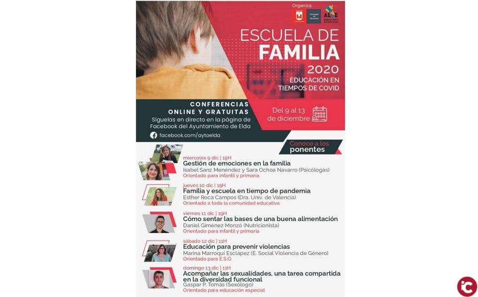 El Ayuntamiento de Elda organiza una Escuela de Familia para ayudar a los padres y madres a abordar la actual situación sanitaria y otros problemas relacionados con la educación
