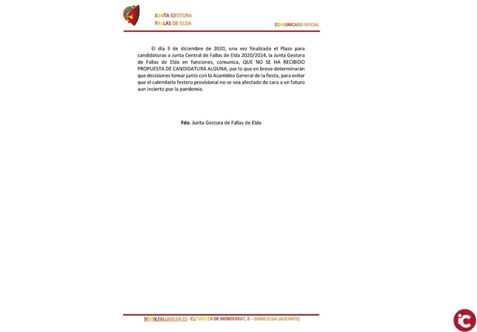 La Junta Central de Fallas de Elda no tiene candidatos