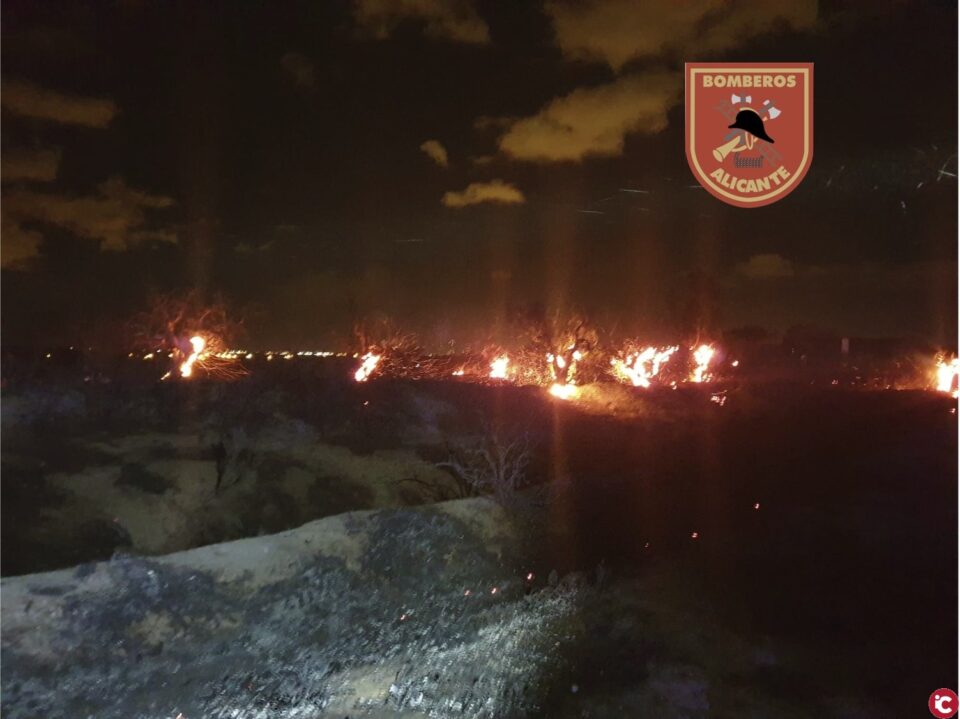 Los Bomberos intervienen esta noche en un incendio forestal en El Moralet que afecta a una superficie de 5.000 metros de monte bajo y matorrales en Alicante