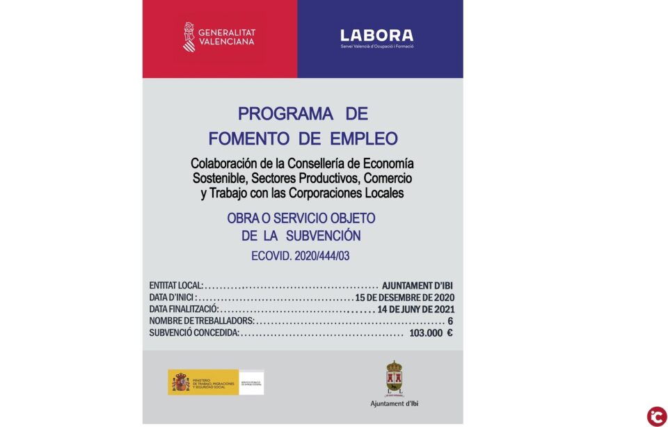 El Ayuntamiento de Ibi contrata a seis personas con el programa de subvenciones ECOVID 2020