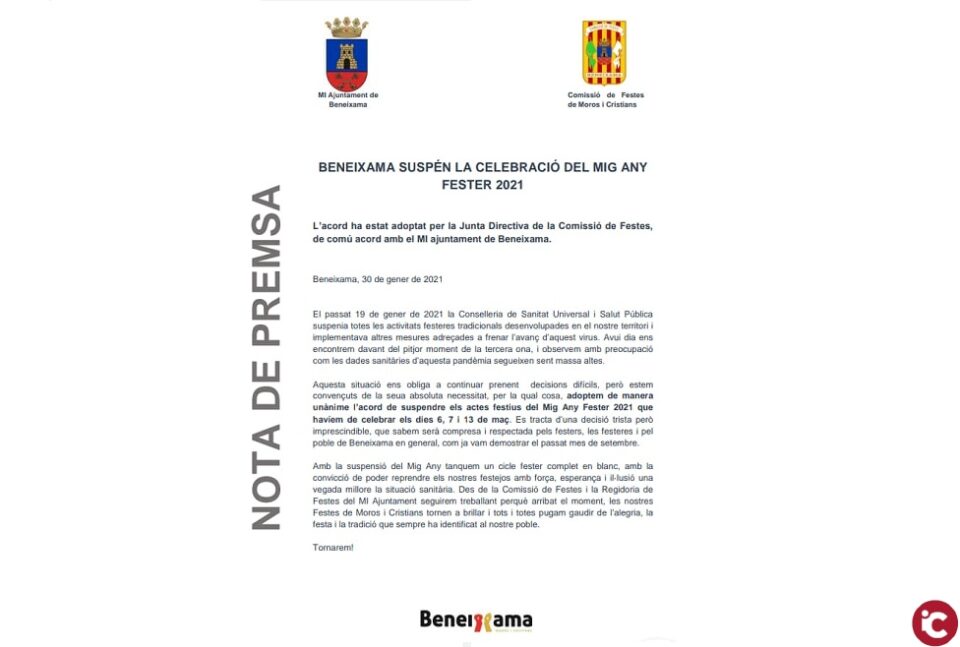 Beneixama suspén el Mig Any Fester 2021