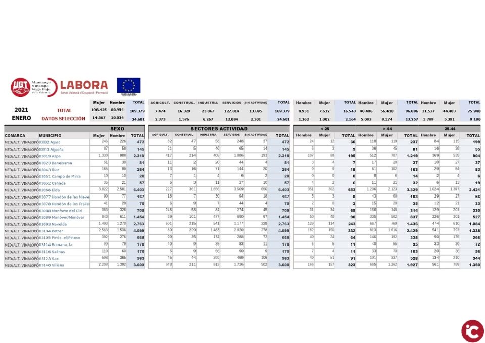 Datos del paro del mes de Enero