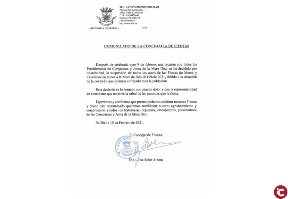 Biar suspende por segundo año consecutivo los Moros y Cristianos por el coronavirus