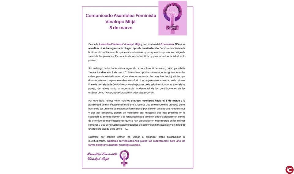 La Asamblea Feminista Vinalopó Mitjà pide que los balcones se tiñan de morado en el 8M