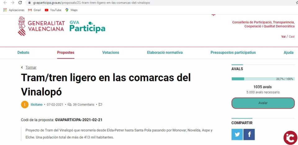 Participación anima a votar a través de la plataforma Participa GVA por el proyecto del TRAM del Vinalopó