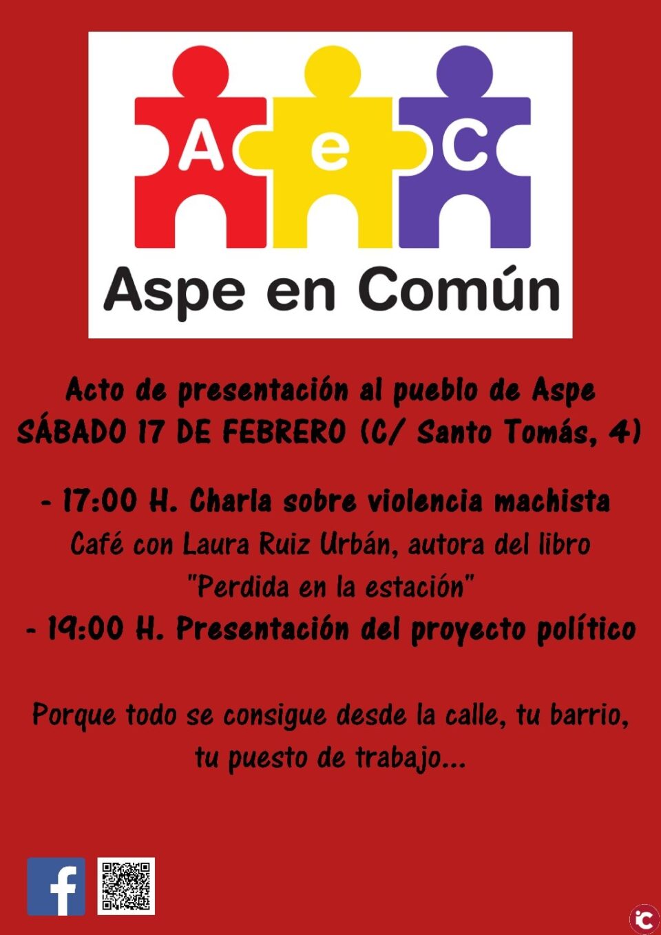 El próximo sábado 17 de febrero tendrá lugar la presentación oficial de Aspe en Común