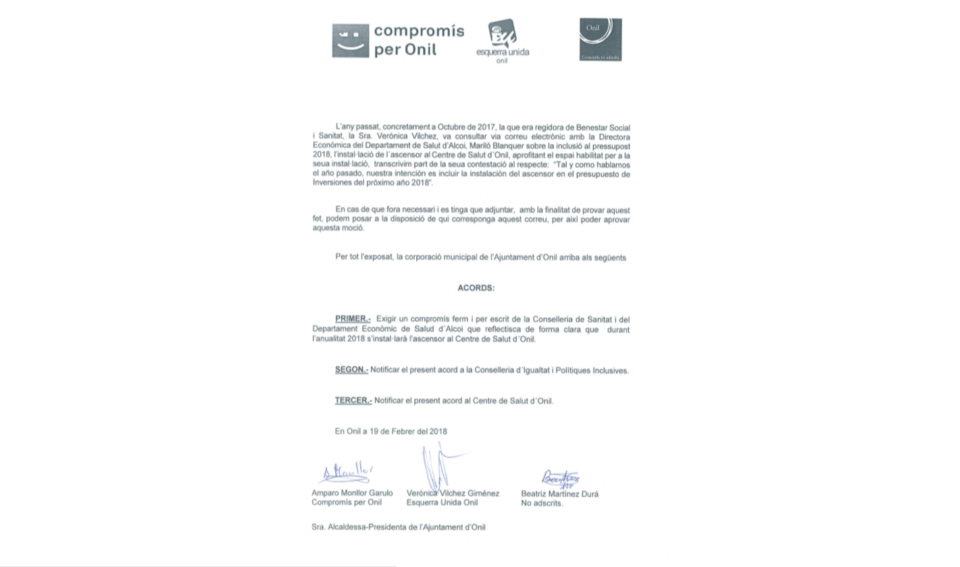 Moció sobre el ascensor al centre de salut d'Onil