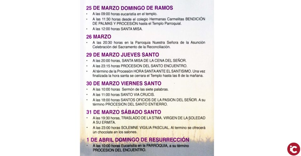 Actividades culturales para los meses de Marzo y Abril y horarios de los actos de Semana Santa