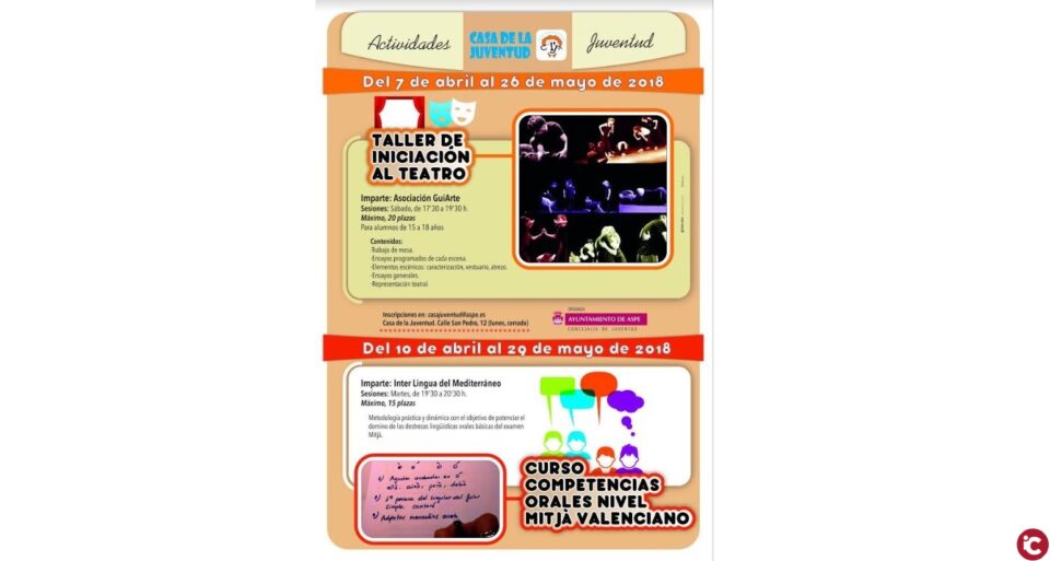 Juventud organiza un curso de competencias orales en valenciano nivel C1 (Mitjà) y un taller de teatro dentro de la programación del segundo trimestre de 2018